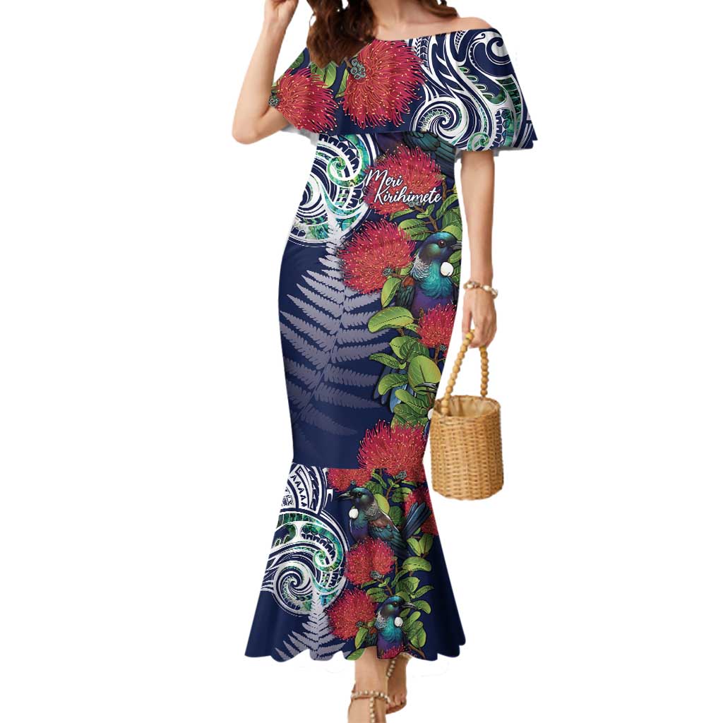 Meri Kirihimete New Zealand Mermaid Dress Tui on Pohutukawa - Blue Ver