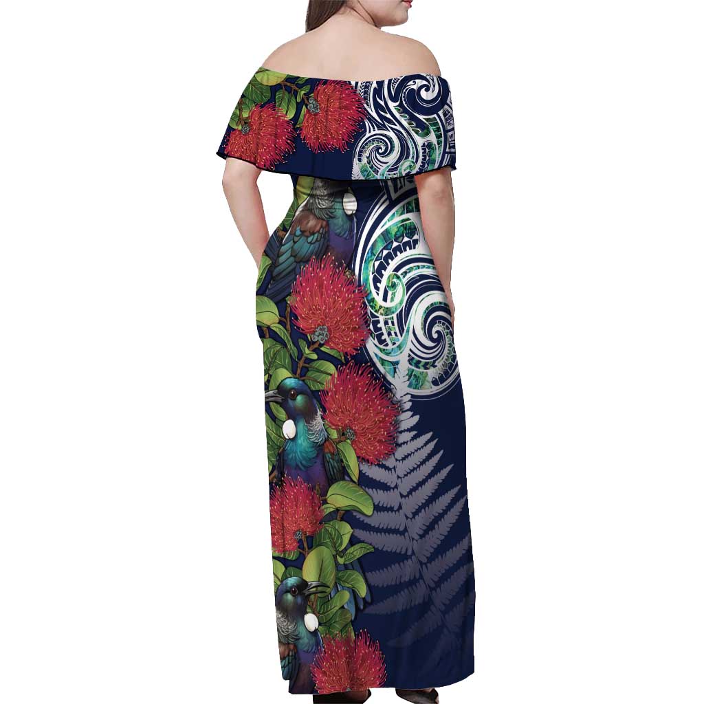 Meri Kirihimete New Zealand Off Shoulder Maxi Dress Tui on Pohutukawa - Blue Ver