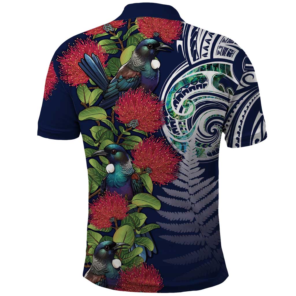 Meri Kirihimete New Zealand Polo Shirt Tui on Pohutukawa - Blue Ver