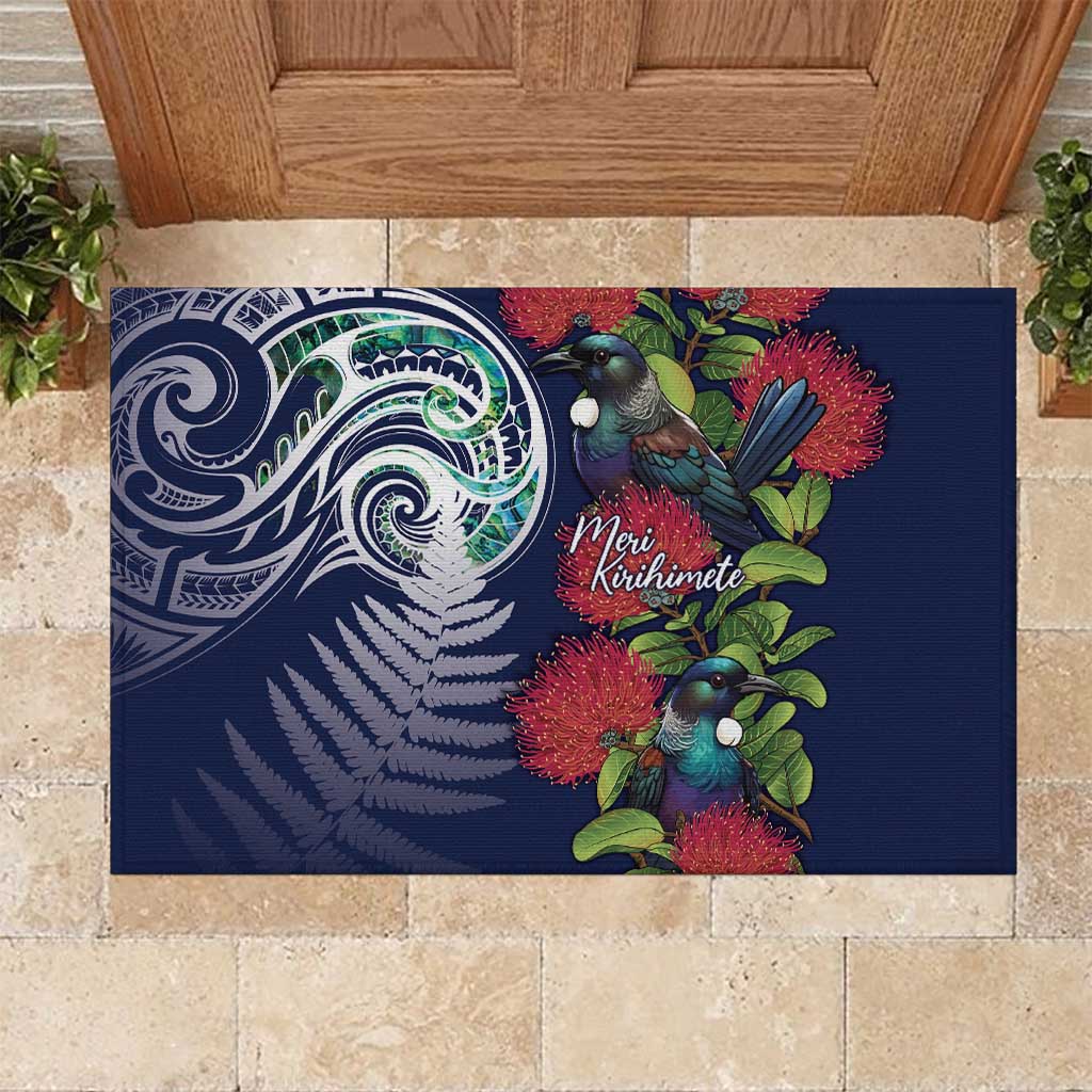 Meri Kirihimete New Zealand Rubber Doormat Tui on Pohutukawa - Blue Ver LT7 Blue - Polynesian Pride