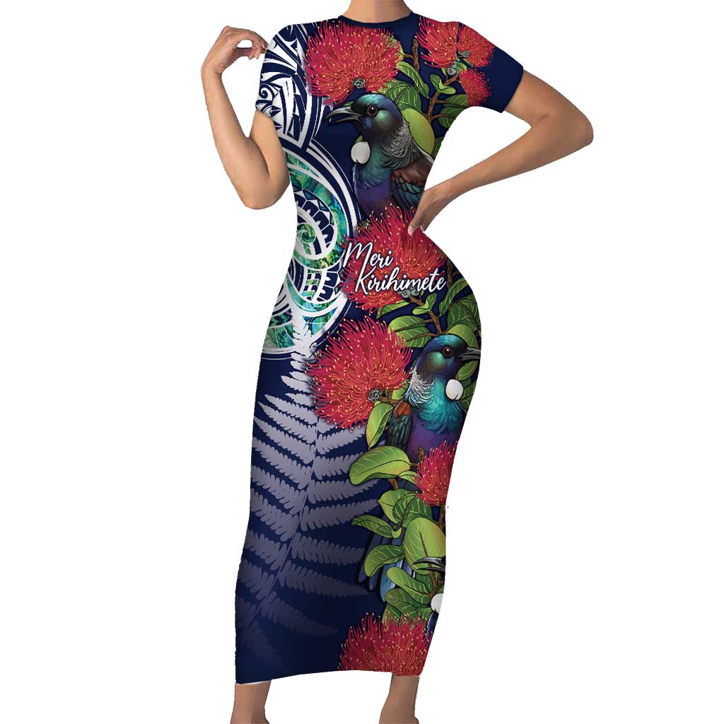 Meri Kirihimete New Zealand Short Sleeve Bodycon Dress Tui on Pohutukawa - Blue Ver