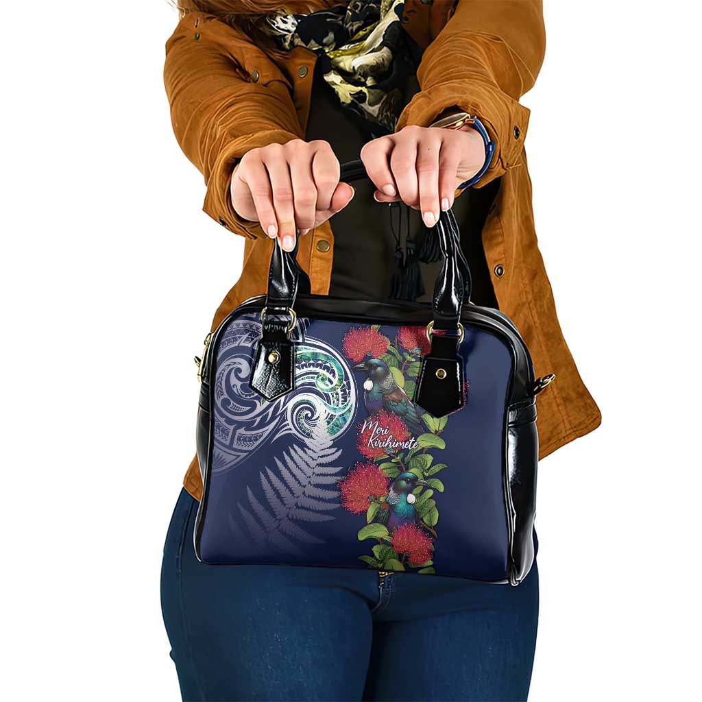 Meri Kirihimete New Zealand Shoulder Handbag Tui on Pohutukawa - Blue Ver