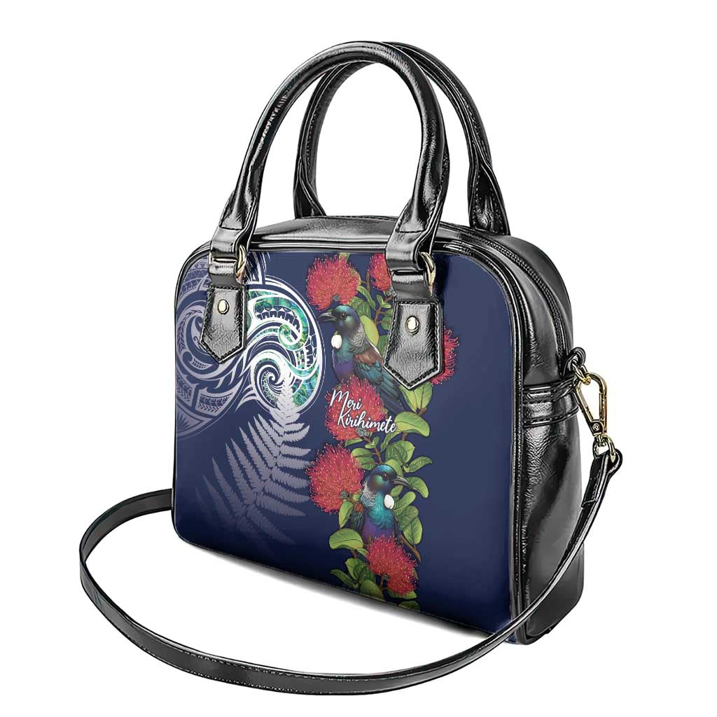Meri Kirihimete New Zealand Shoulder Handbag Tui on Pohutukawa - Blue Ver