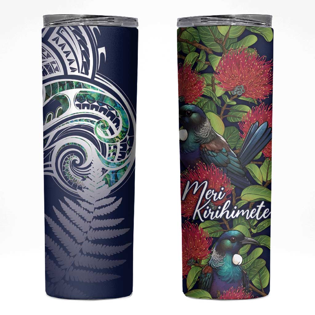 Meri Kirihimete New Zealand Skinny Tumbler Tui on Pohutukawa - Blue Ver