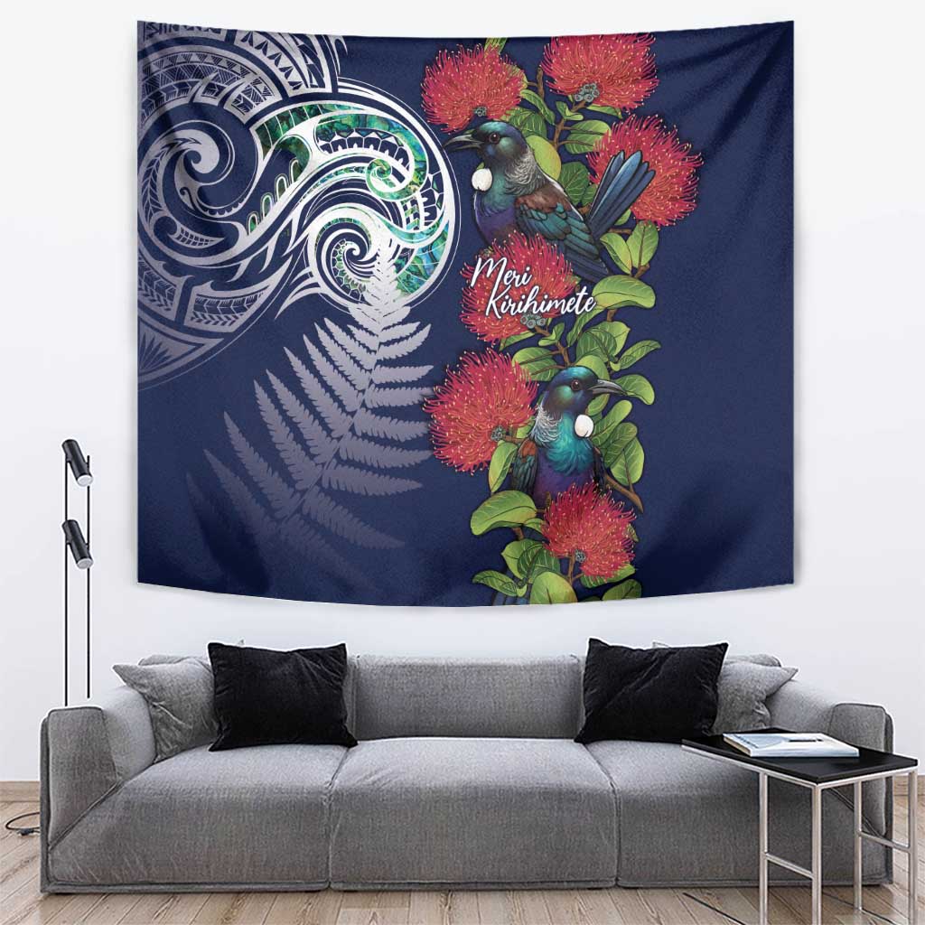 Meri Kirihimete New Zealand Tapestry Tui on Pohutukawa - Blue Ver