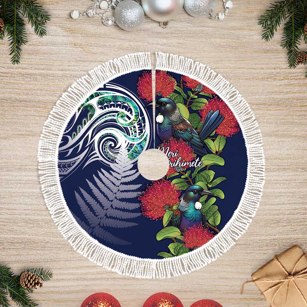 Meri Kirihimete New Zealand Tree Skirt Tui on Pohutukawa - Blue Ver