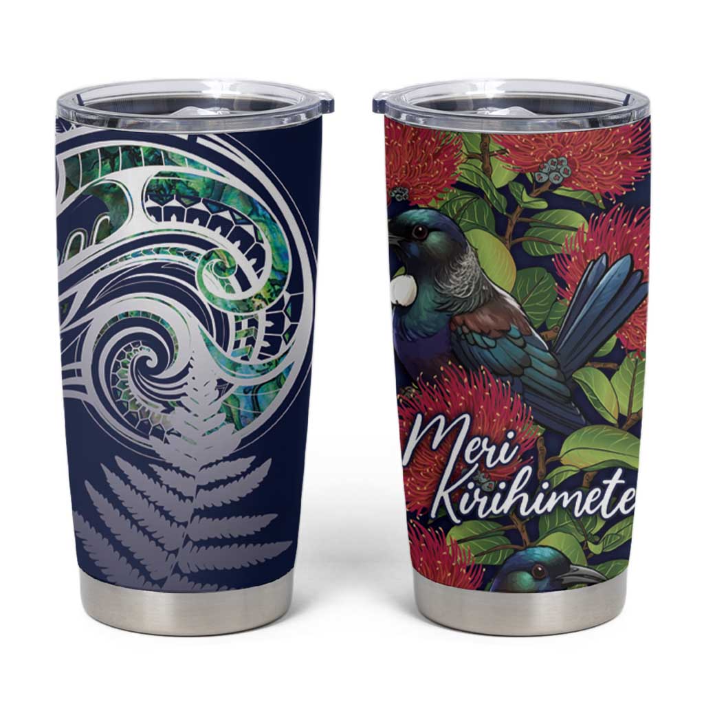 Meri Kirihimete New Zealand Tumbler Cup Tui on Pohutukawa - Blue Ver LT7 Blue - Polynesian Pride