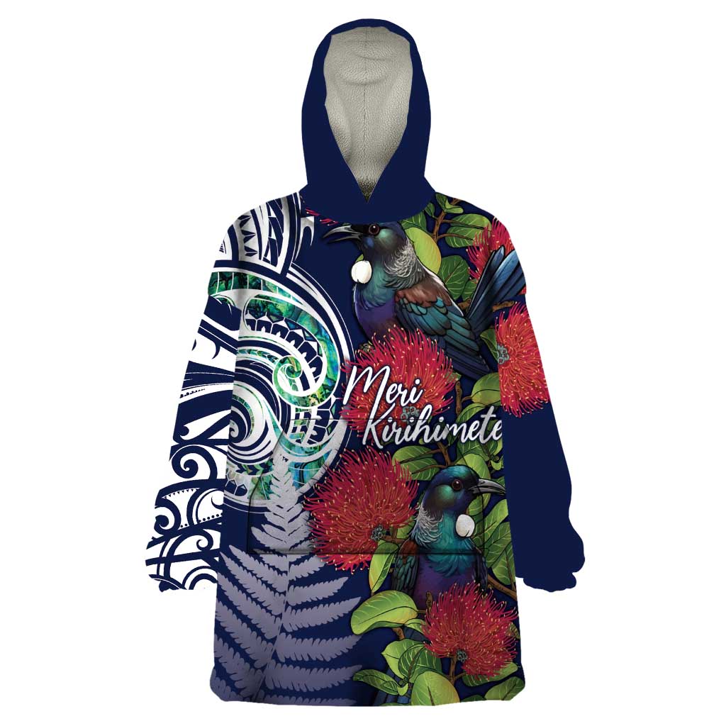 Meri Kirihimete New Zealand Wearable Blanket Hoodie Tui on Pohutukawa - Blue Ver