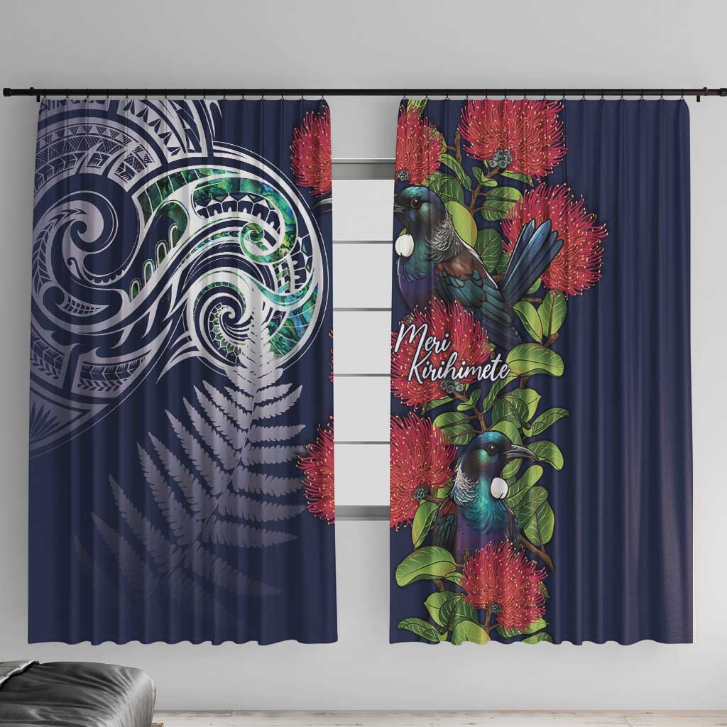 Meri Kirihimete New Zealand Window Curtain Tui on Pohutukawa - Blue Ver LT7 With Hooks Blue - Polynesian Pride
