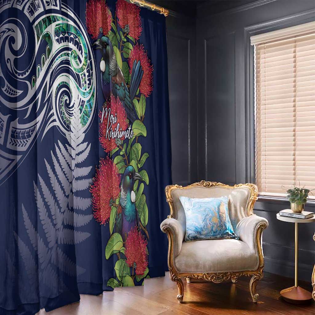 Meri Kirihimete New Zealand Window Curtain Tui on Pohutukawa - Blue Ver LT7 - Polynesian Pride