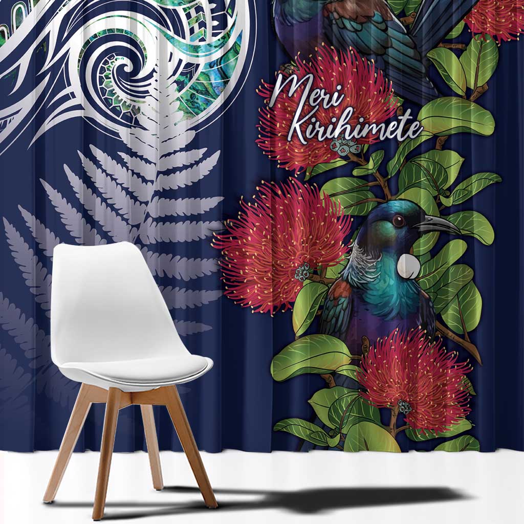 Meri Kirihimete New Zealand Window Curtain Tui on Pohutukawa - Blue Ver LT7 - Polynesian Pride