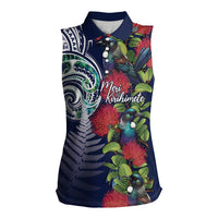 Meri Kirihimete New Zealand Women Sleeveless Polo Shirt Tui on Pohutukawa - Blue Ver