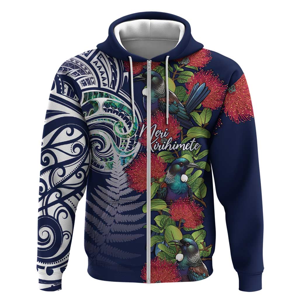 Meri Kirihimete New Zealand Zip Hoodie Tui on Pohutukawa - Blue Ver