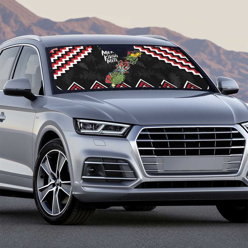 New Zealand Christmas Taniko Poutama Auto Sun Shade Flora Map with Birds - Polynesian Pride