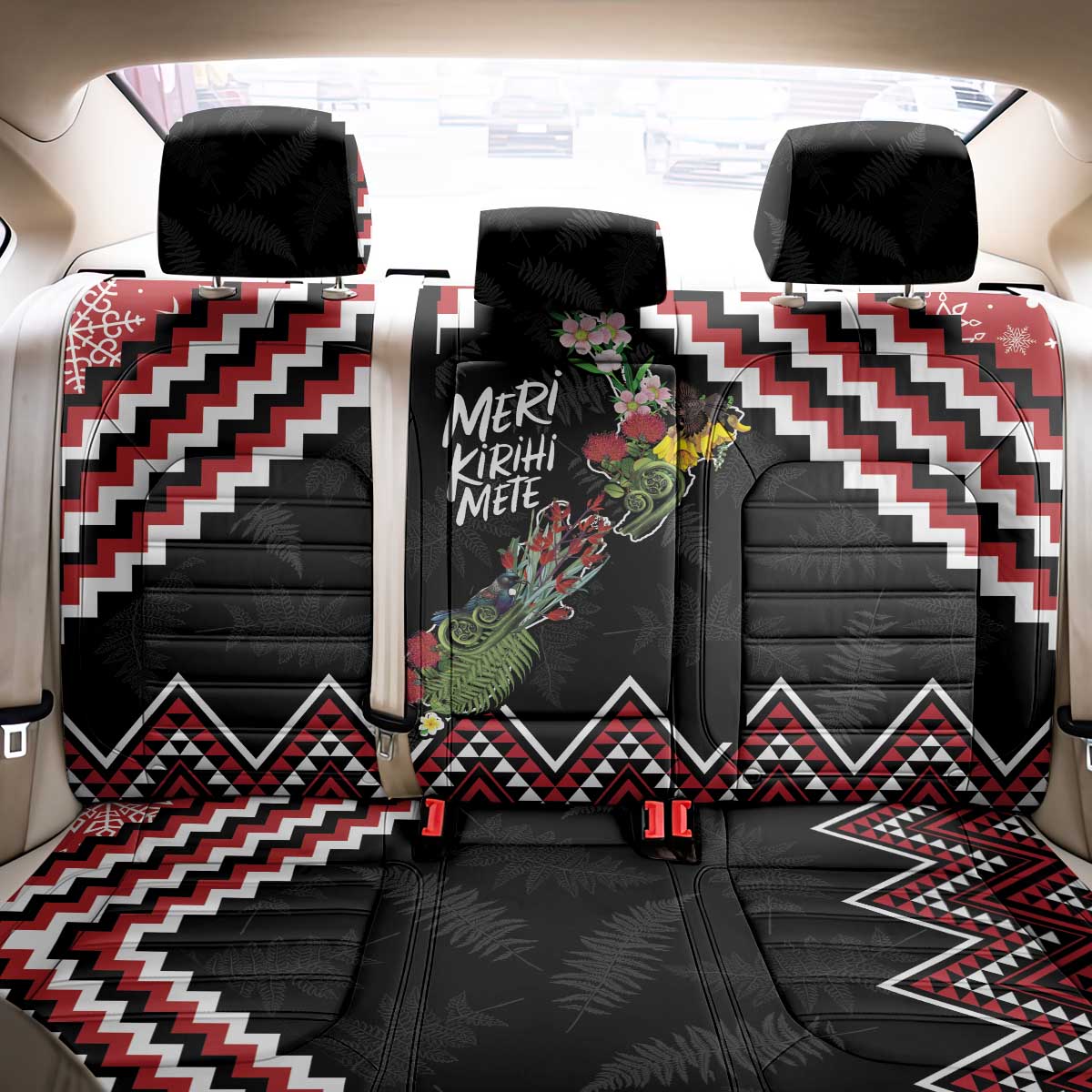 New Zealand Christmas Taniko Poutama Back Car Seat Cover Flora Map with Birds - Polynesian Pride