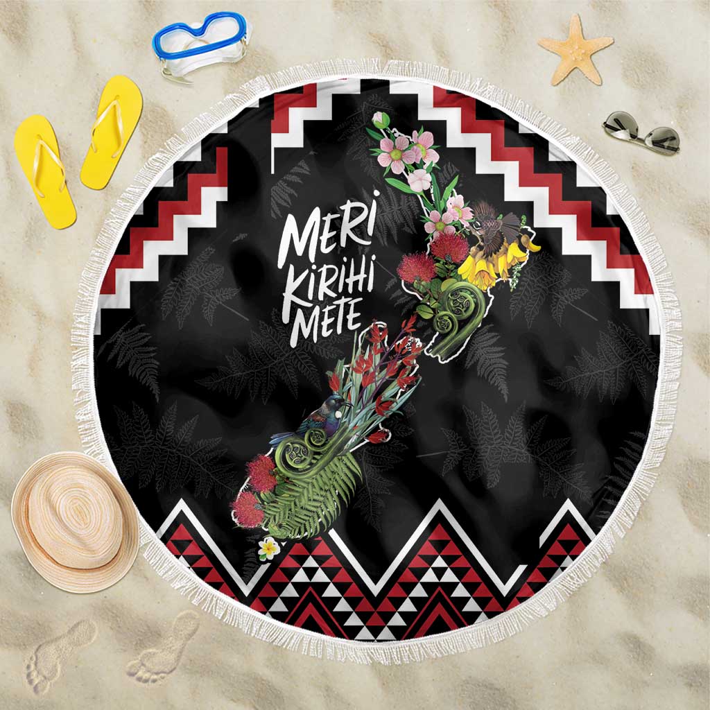 New Zealand Christmas Taniko Poutama Beach Blanket Flora Map with Birds - Polynesian Pride
