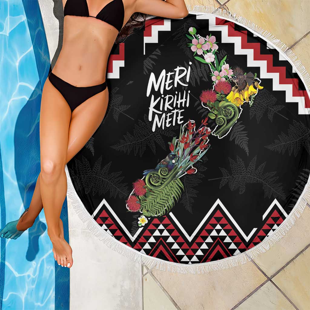 New Zealand Christmas Taniko Poutama Beach Blanket Flora Map with Birds - Polynesian Pride