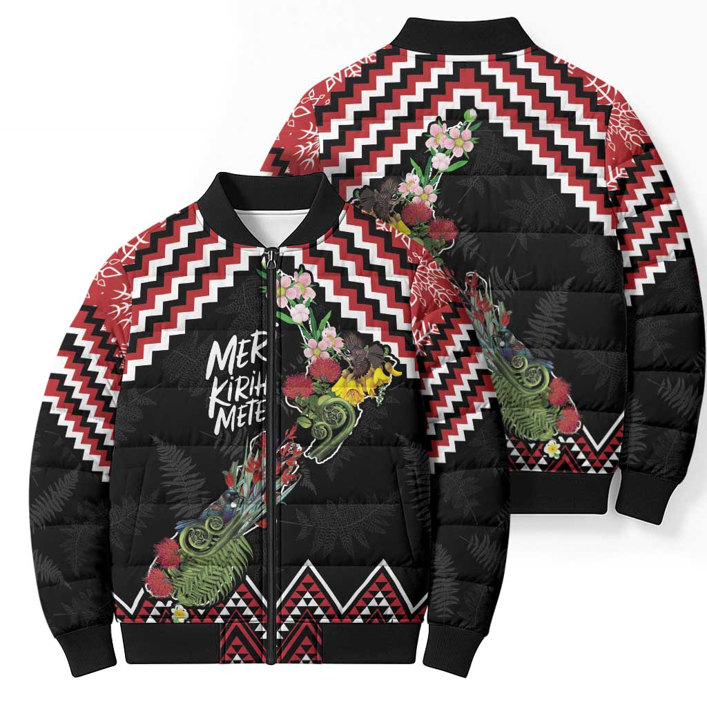 New Zealand Christmas Taniko Poutama Bomber Puffer Jacket Flora Map with Birds - Polynesian Pride