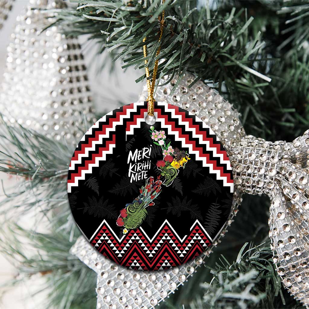 New Zealand Christmas Taniko Poutama Ceramic Ornament Flora Map with Birds - Polynesian Pride