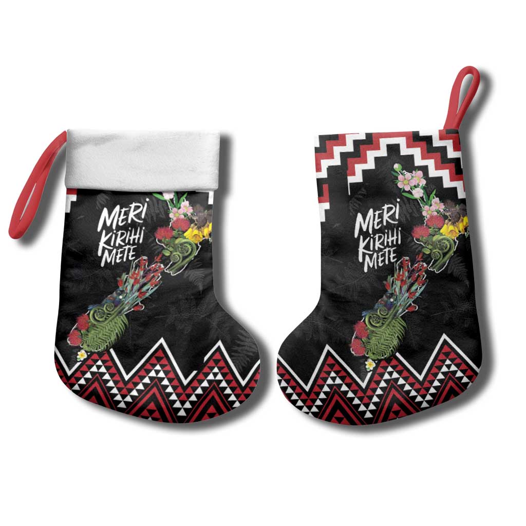 New Zealand Christmas Taniko Poutama Christmas Stocking Flora Map with Birds - Polynesian Pride