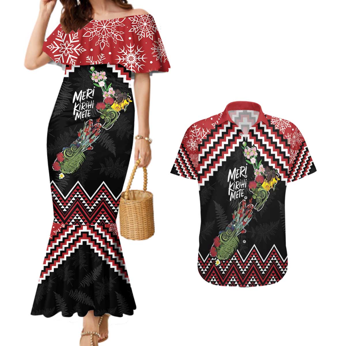 New Zealand Christmas Taniko Poutama Couples Matching Mermaid Dress and Hawaiian Shirt Flora Map with Birds - Polynesian Pride
