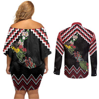 New Zealand Christmas Taniko Poutama Couples Matching Off Shoulder Short Dress and Long Sleeve Button Shirt Flora Map with Birds - Polynesian Pride