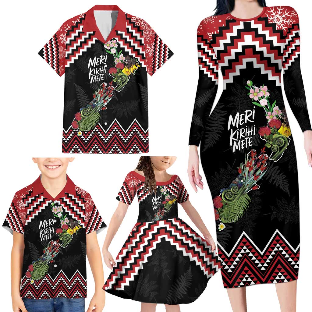 New Zealand Christmas Taniko Poutama Family Matching Long Sleeve Bodycon Dress and Hawaiian Shirt Flora Map with Birds - Polynesian Pride