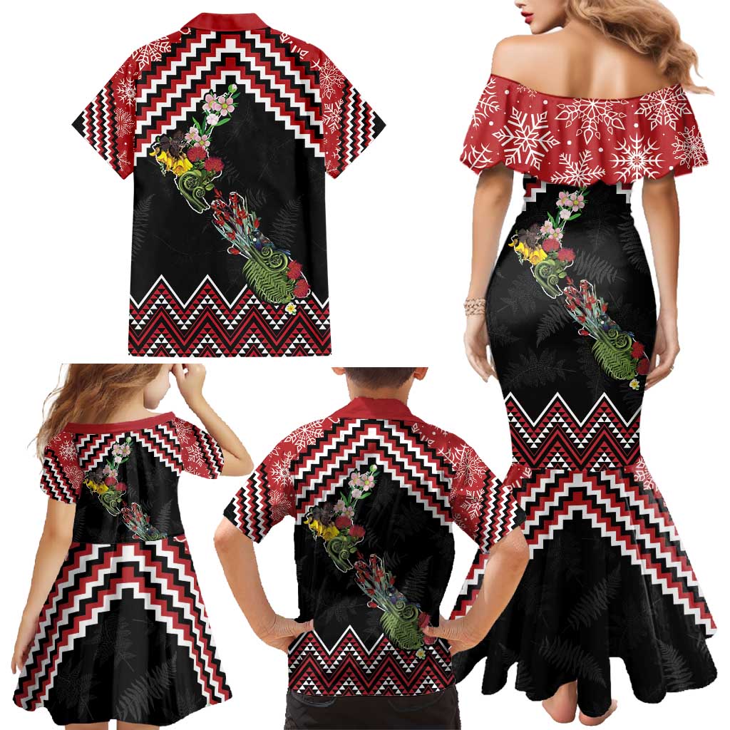 New Zealand Christmas Taniko Poutama Family Matching Mermaid Dress and Hawaiian Shirt Flora Map with Birds - Polynesian Pride