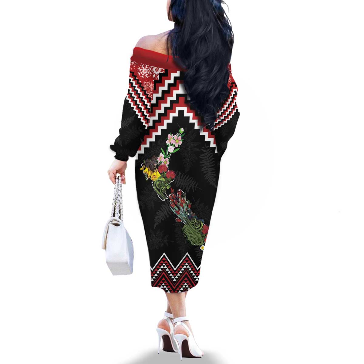 New Zealand Christmas Taniko Poutama Family Matching Off The Shoulder Long Sleeve Dress and Hawaiian Shirt Flora Map with Birds - Polynesian Pride