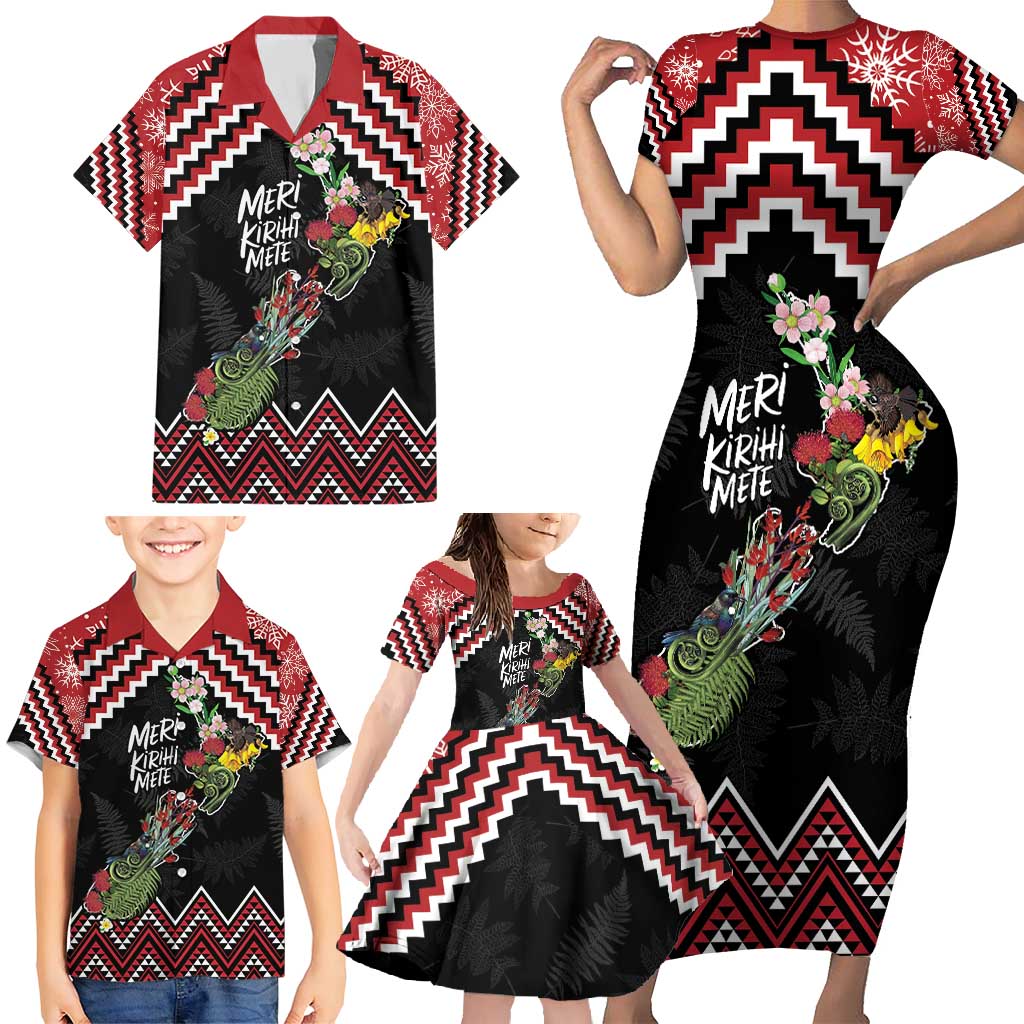 New Zealand Christmas Taniko Poutama Family Matching Short Sleeve Bodycon Dress and Hawaiian Shirt Flora Map with Birds - Polynesian Pride
