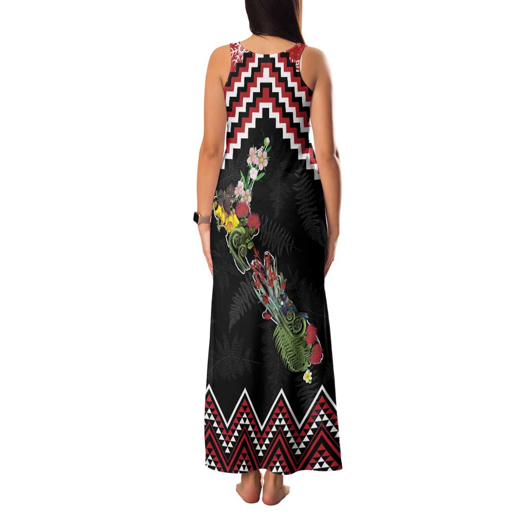 New Zealand Christmas Taniko Poutama Family Matching Tank Maxi Dress and Hawaiian Shirt Flora Map with Birds - Polynesian Pride