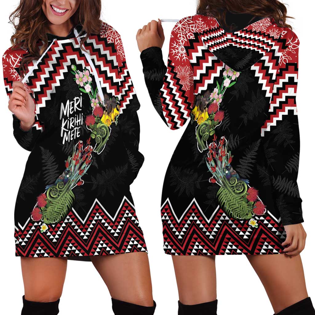 New Zealand Christmas Taniko Poutama Hoodie Dress Flora Map with Birds - Polynesian Pride