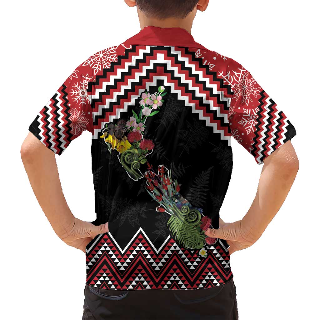 New Zealand Christmas Taniko Poutama Kid Hawaiian Shirt Flora Map with Birds - Polynesian Pride