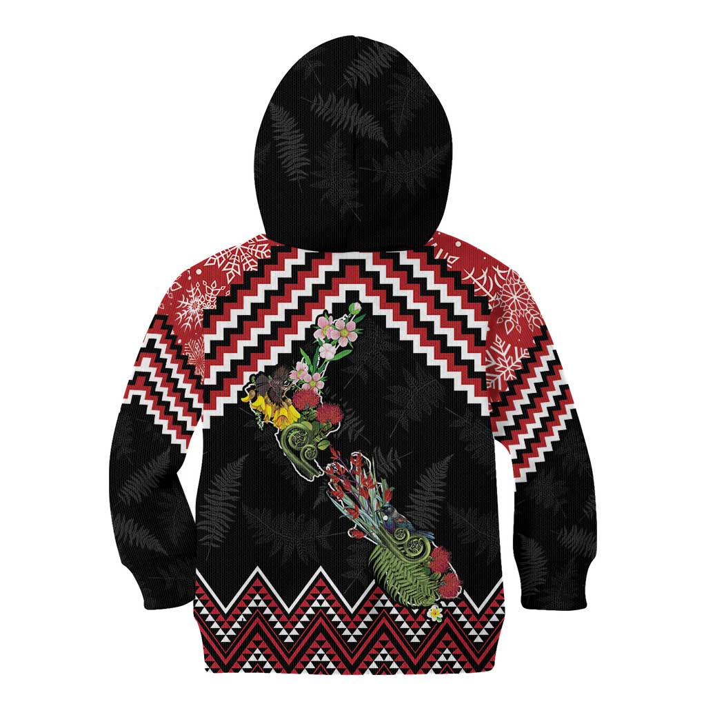 New Zealand Christmas Taniko Poutama Kid Hoodie Flora Map with Birds - Polynesian Pride