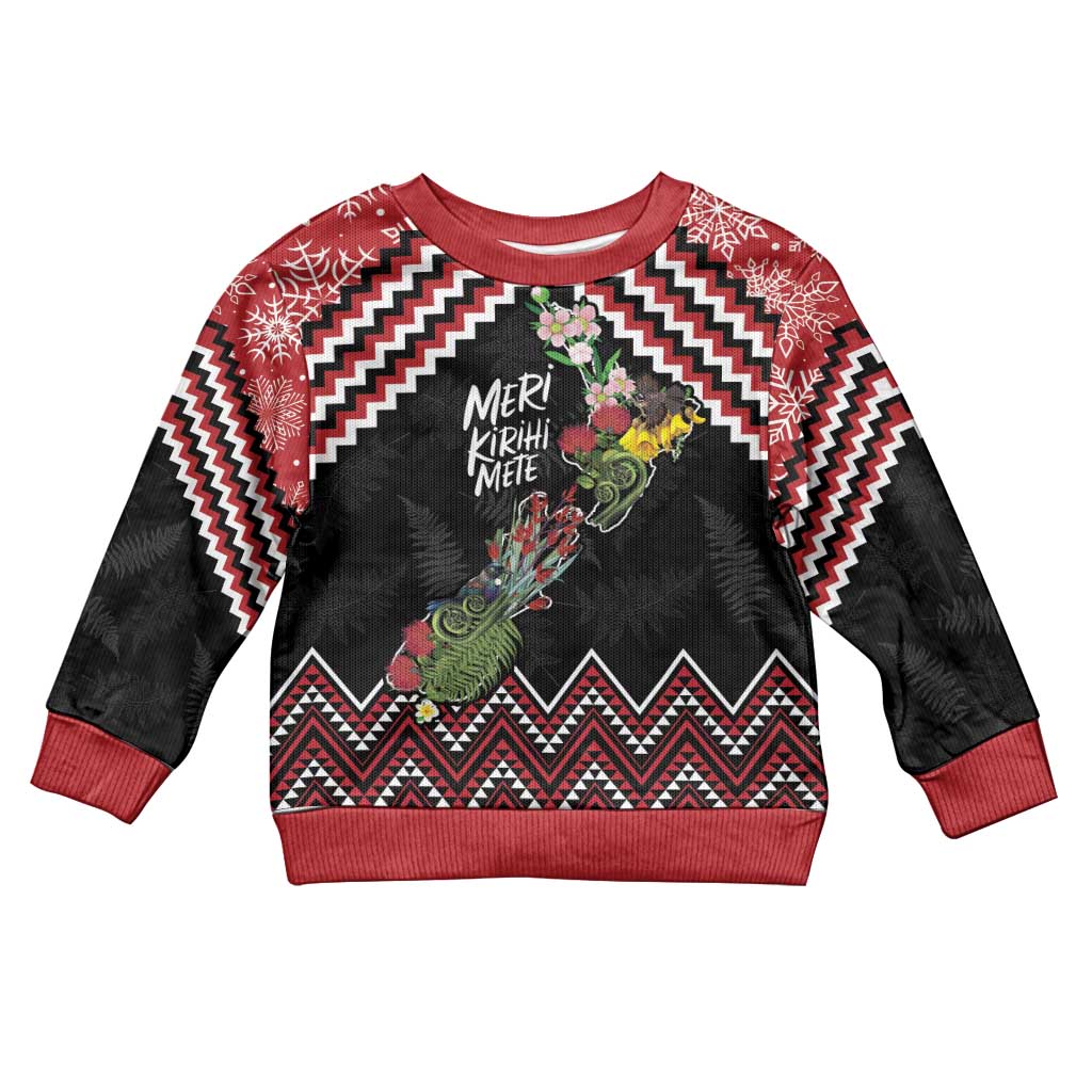 New Zealand Christmas Taniko Poutama Kid Ugly Christmas Sweater Flora Map with Birds - Polynesian Pride