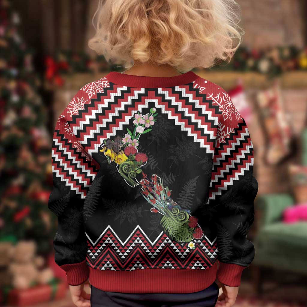 New Zealand Christmas Taniko Poutama Kid Ugly Christmas Sweater Flora Map with Birds - Polynesian Pride