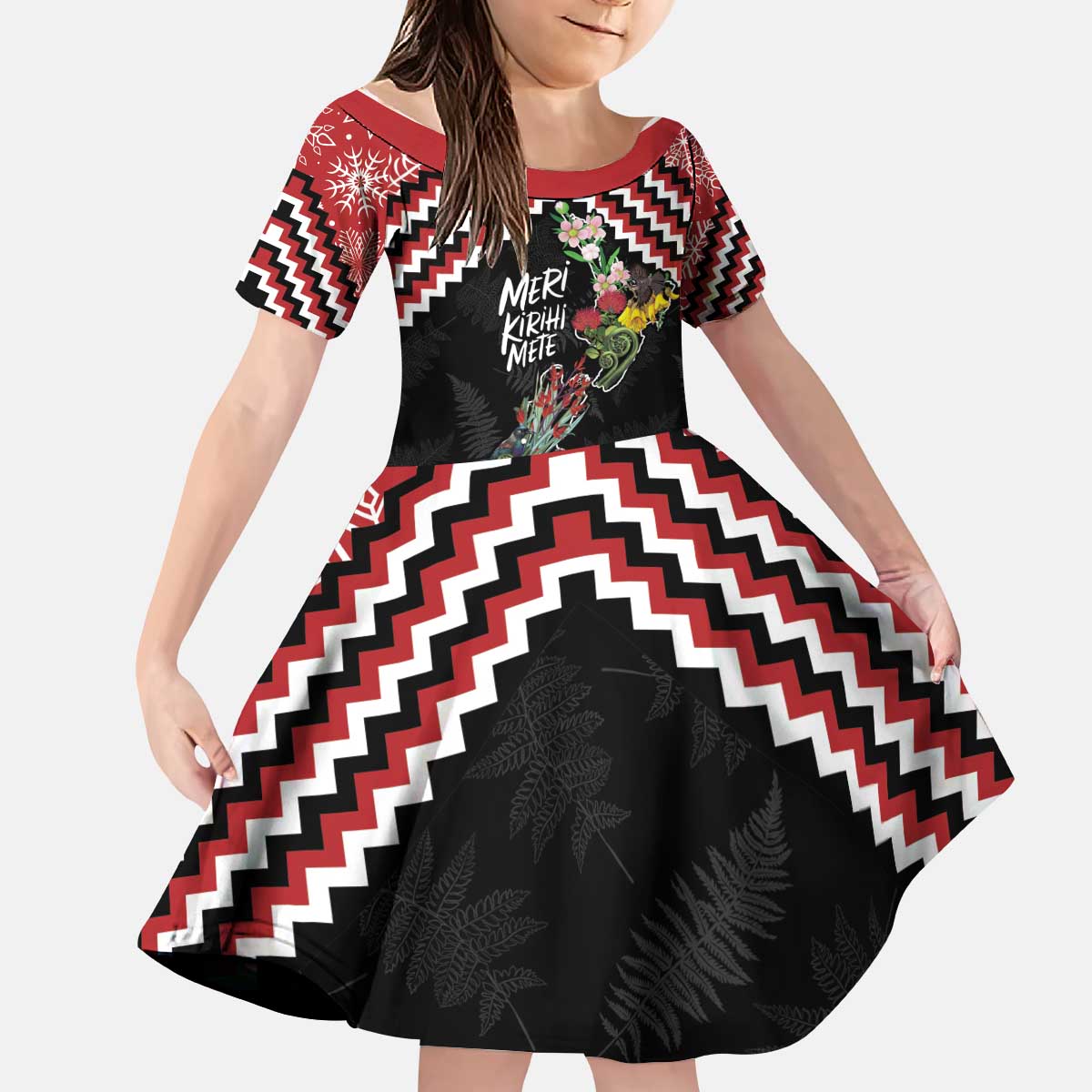 New Zealand Christmas Taniko Poutama Kid Short Sleeve Dress Flora Map with Birds - Polynesian Pride