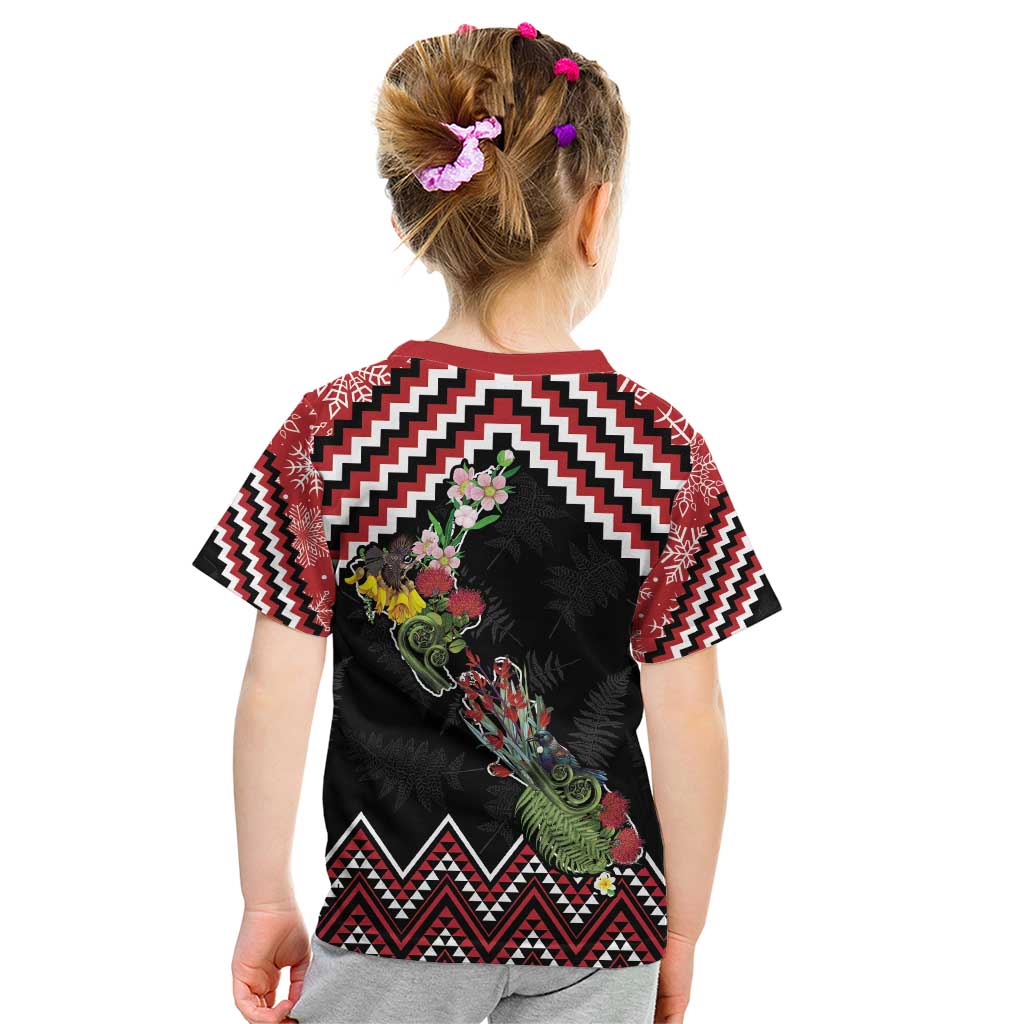 New Zealand Christmas Taniko Poutama Kid T Shirt Flora Map with Birds - Polynesian Pride