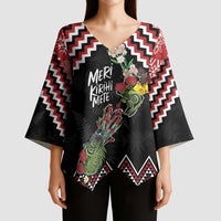 New Zealand Christmas Taniko Poutama Kimono Sleeve Blouse Flora Map with Birds - Polynesian Pride