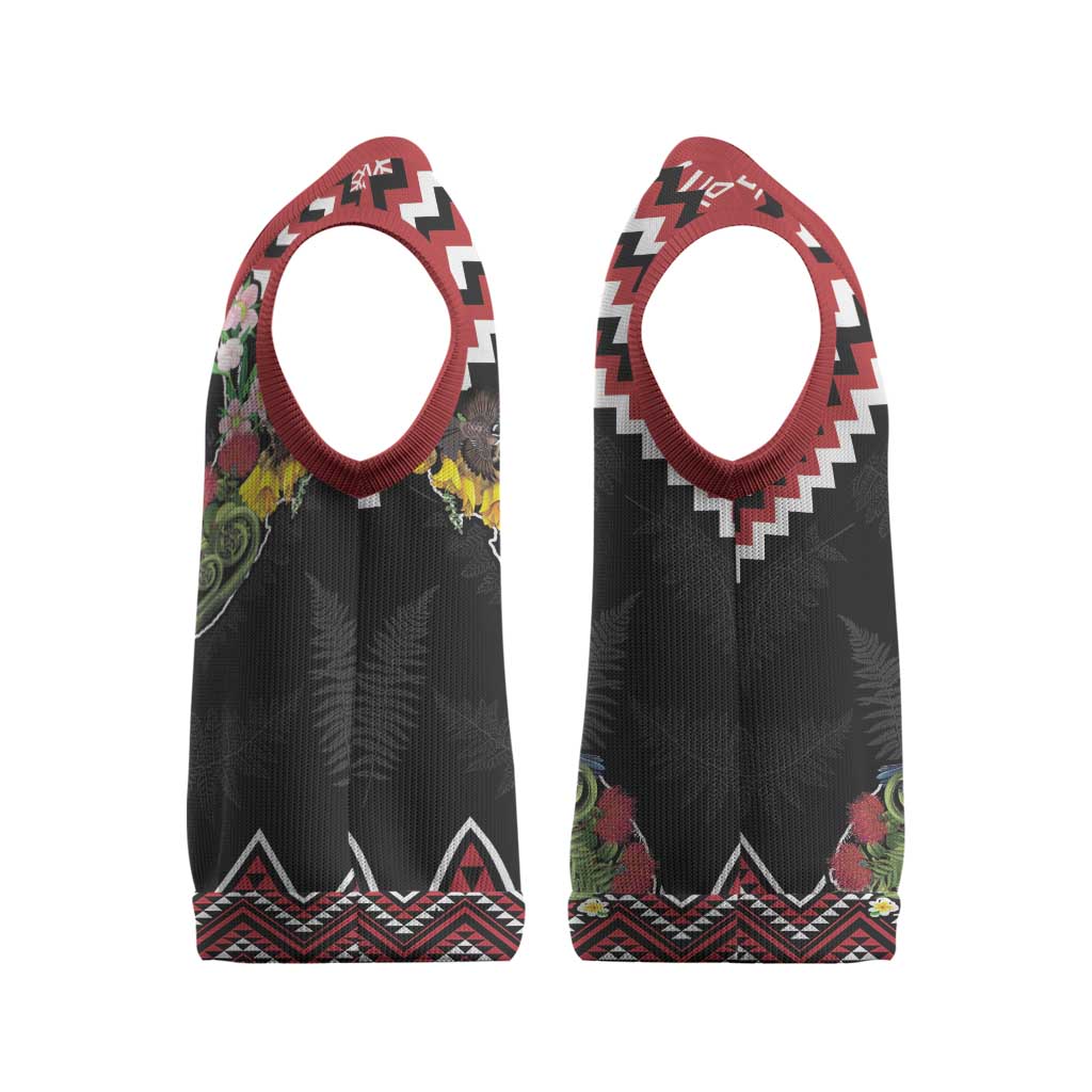 New Zealand Christmas Taniko Poutama Christmas Knitted V-Neck Vest Flora Map with Birds - Polynesian Pride