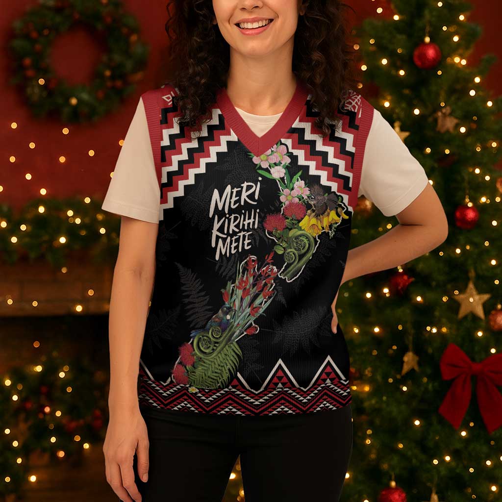 New Zealand Christmas Taniko Poutama Christmas Knitted V-Neck Vest Flora Map with Birds - Polynesian Pride