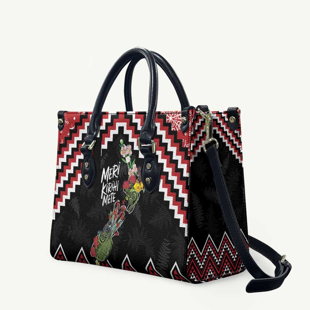 New Zealand Christmas Taniko Poutama Leather Bag Flora Map with Birds - Polynesian Pride
