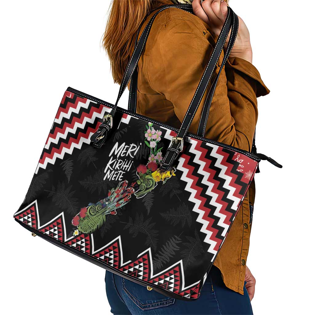 New Zealand Christmas Taniko Poutama Leather Tote Bag Flora Map with Birds - Polynesian Pride