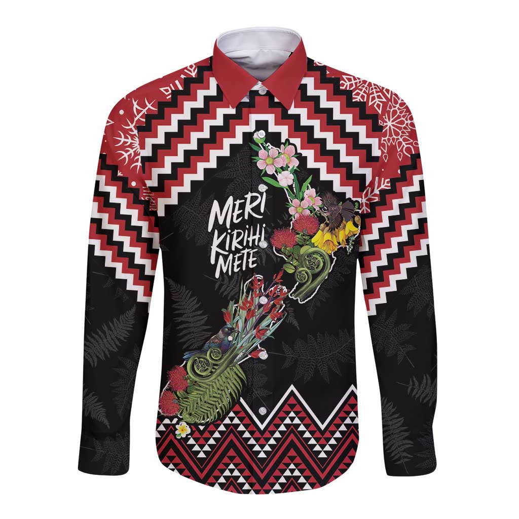 New Zealand Christmas Taniko Poutama Long Sleeve Button Shirt Flora Map with Birds - Polynesian Pride
