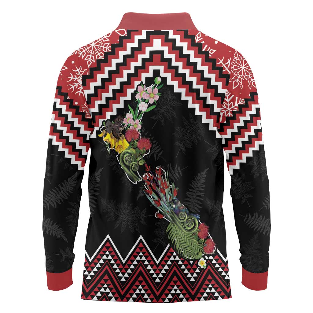 New Zealand Christmas Taniko Poutama Long Sleeve Polo Shirt Flora Map with Birds - Polynesian Pride