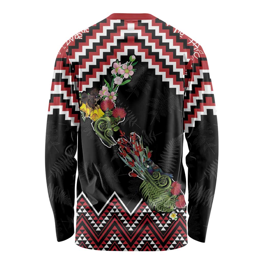 New Zealand Christmas Taniko Poutama Long Sleeve Shirt Flora Map with Birds - Polynesian Pride