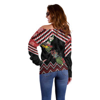 New Zealand Christmas Taniko Poutama Off Shoulder Sweater Flora Map with Birds - Polynesian Pride