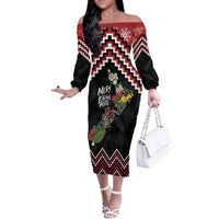 New Zealand Christmas Taniko Poutama Off The Shoulder Long Sleeve Dress Flora Map with Birds - Polynesian Pride