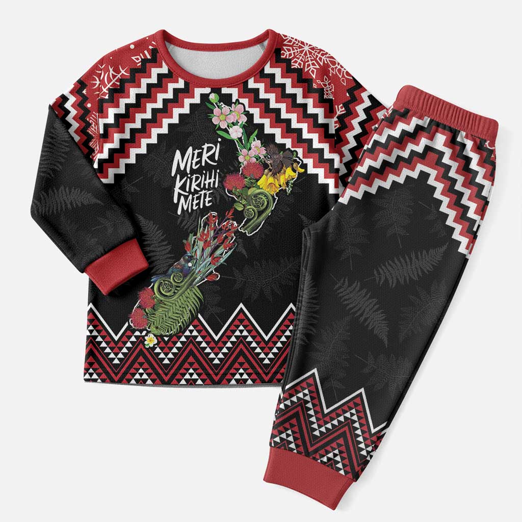New Zealand Christmas Taniko Poutama Christmas Pajama Set Flora Map with Birds - Polynesian Pride