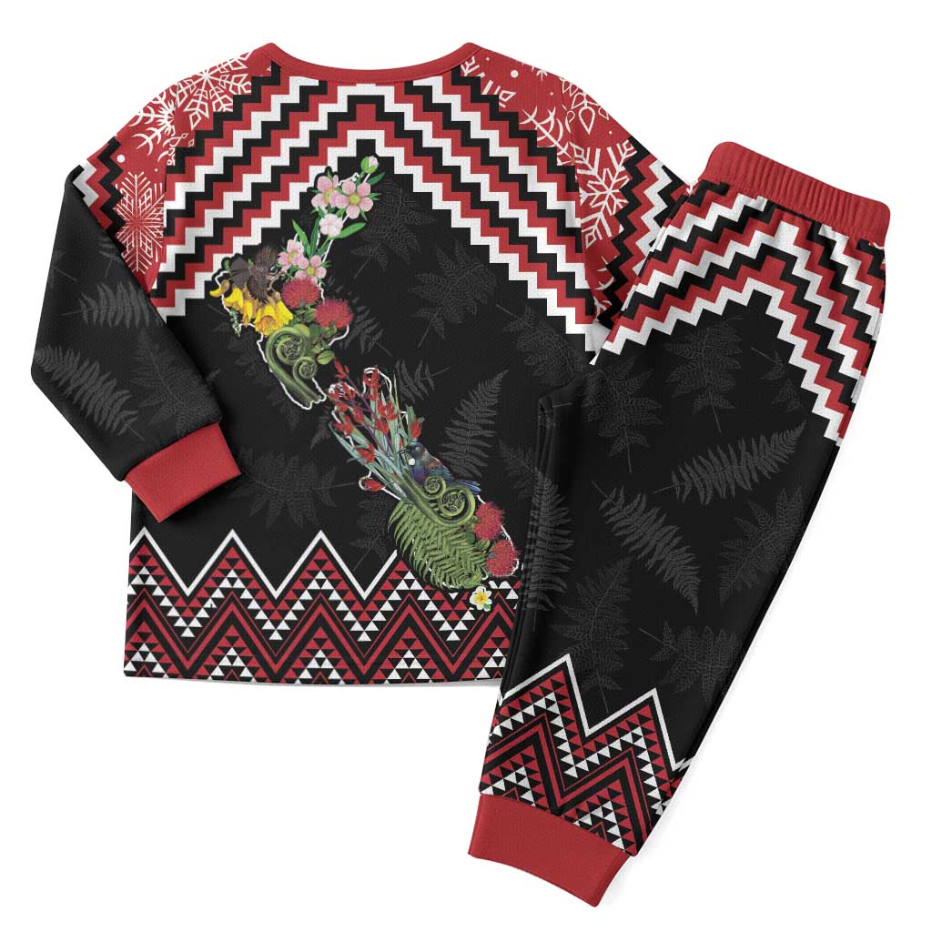New Zealand Christmas Taniko Poutama Christmas Pajama Set Flora Map with Birds - Polynesian Pride
